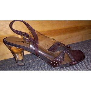 Womens Shoe Clear Lucite‎ Heels Size 7.5 Slingback Annie Brown Satin Rhinestones
